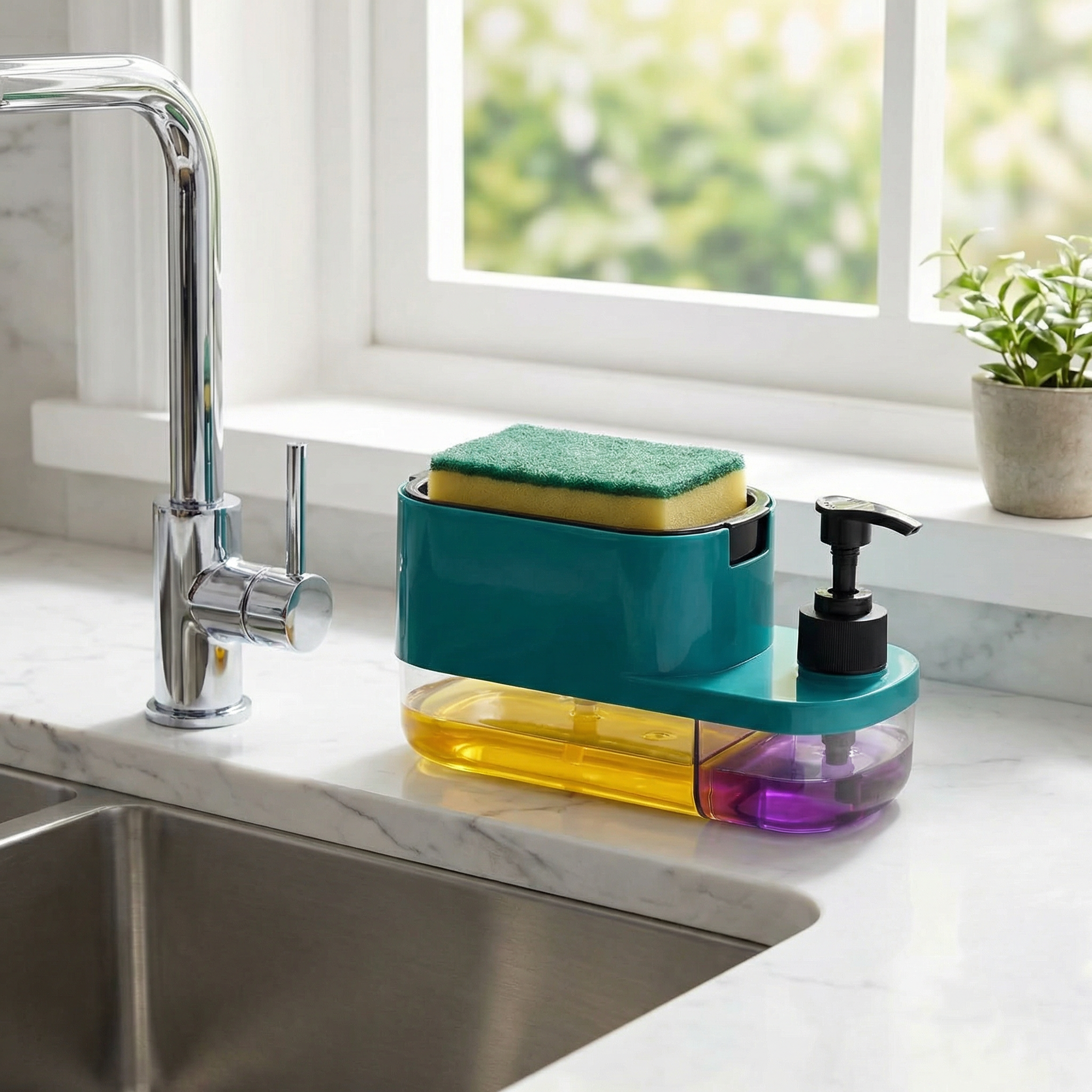 3-in-1 Kitchen Sink Soap Dispenser, Sponge Holder & Liquid Detergent Organizer