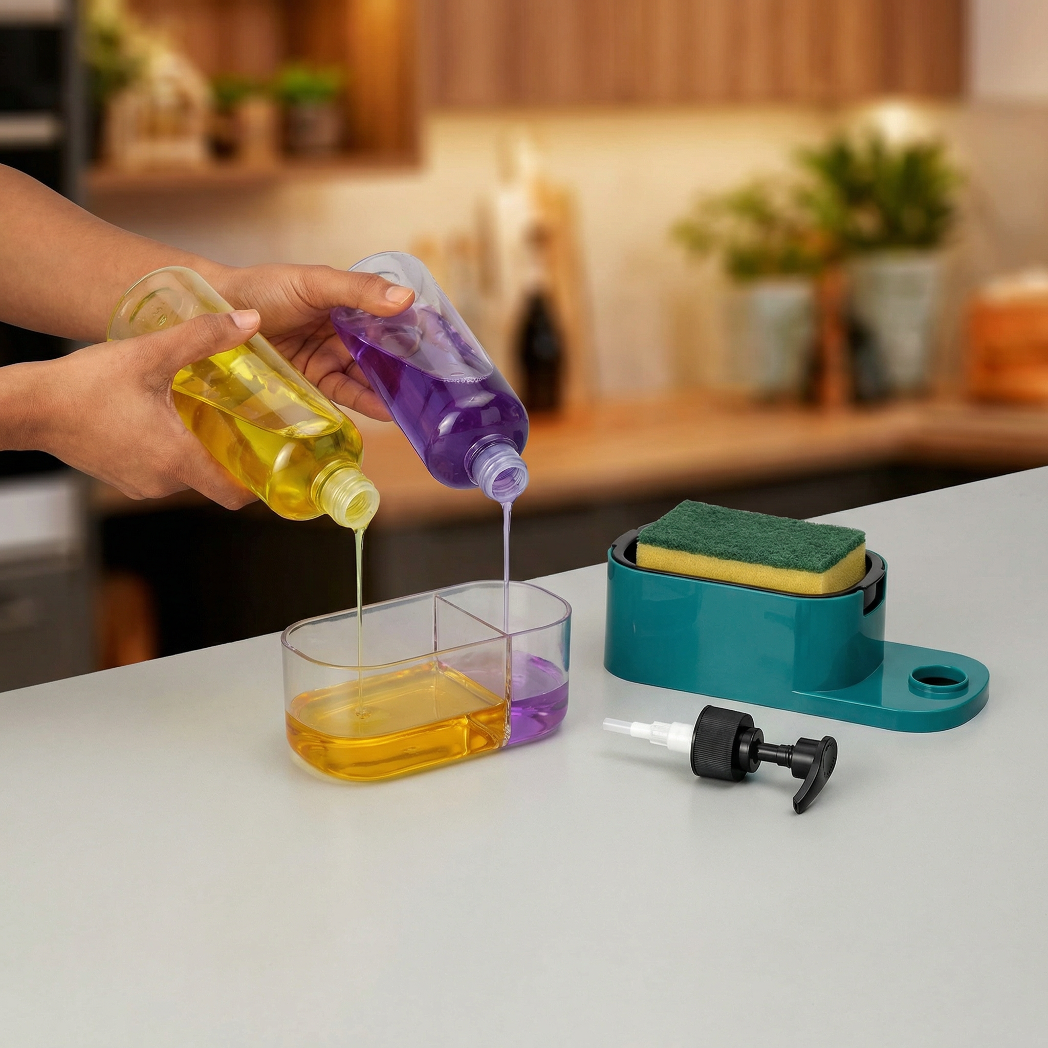 3-in-1 Kitchen Sink Soap Dispenser, Sponge Holder & Liquid Detergent Organizer
