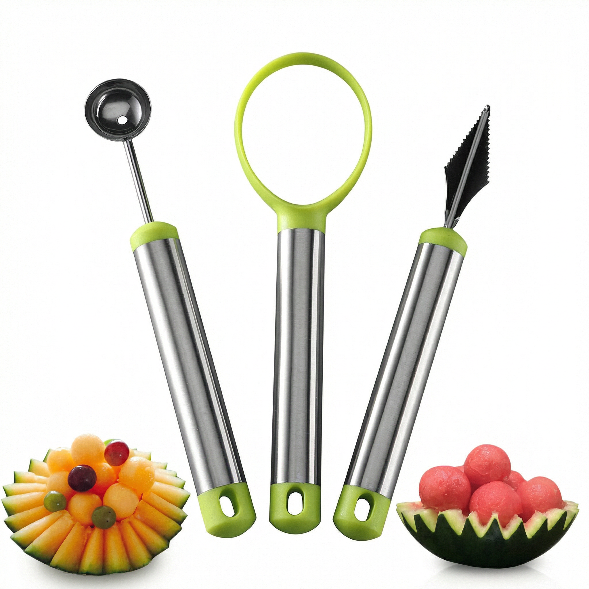 Premium 3-Piece Stainless Steel Fruit Carving & Melon Baller Tool Set – Fruit Scooper, Baller & Carving Knife for Watermelon & More