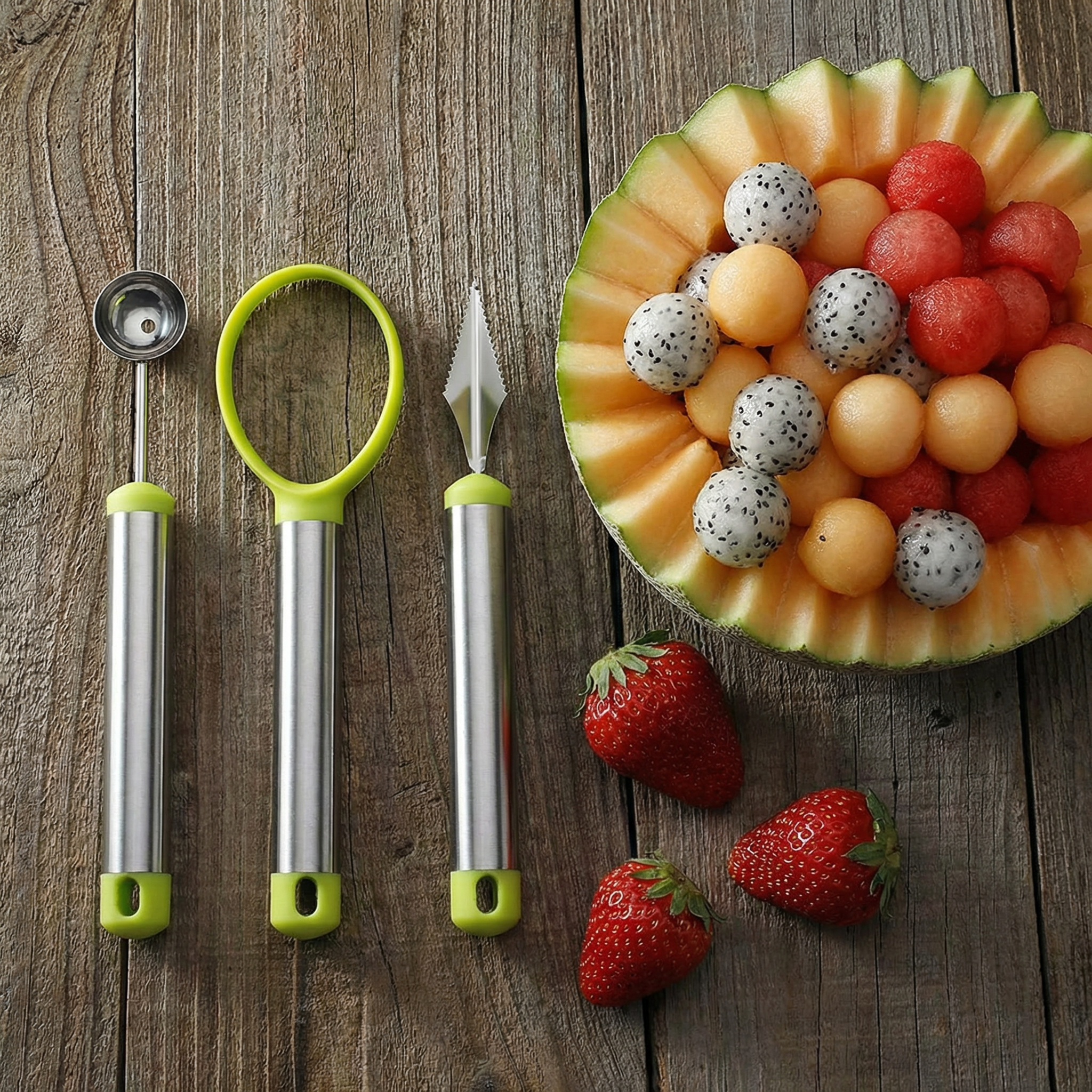 Premium 3-Piece Stainless Steel Fruit Carving & Melon Baller Tool Set – Fruit Scooper, Baller & Carving Knife for Watermelon & More