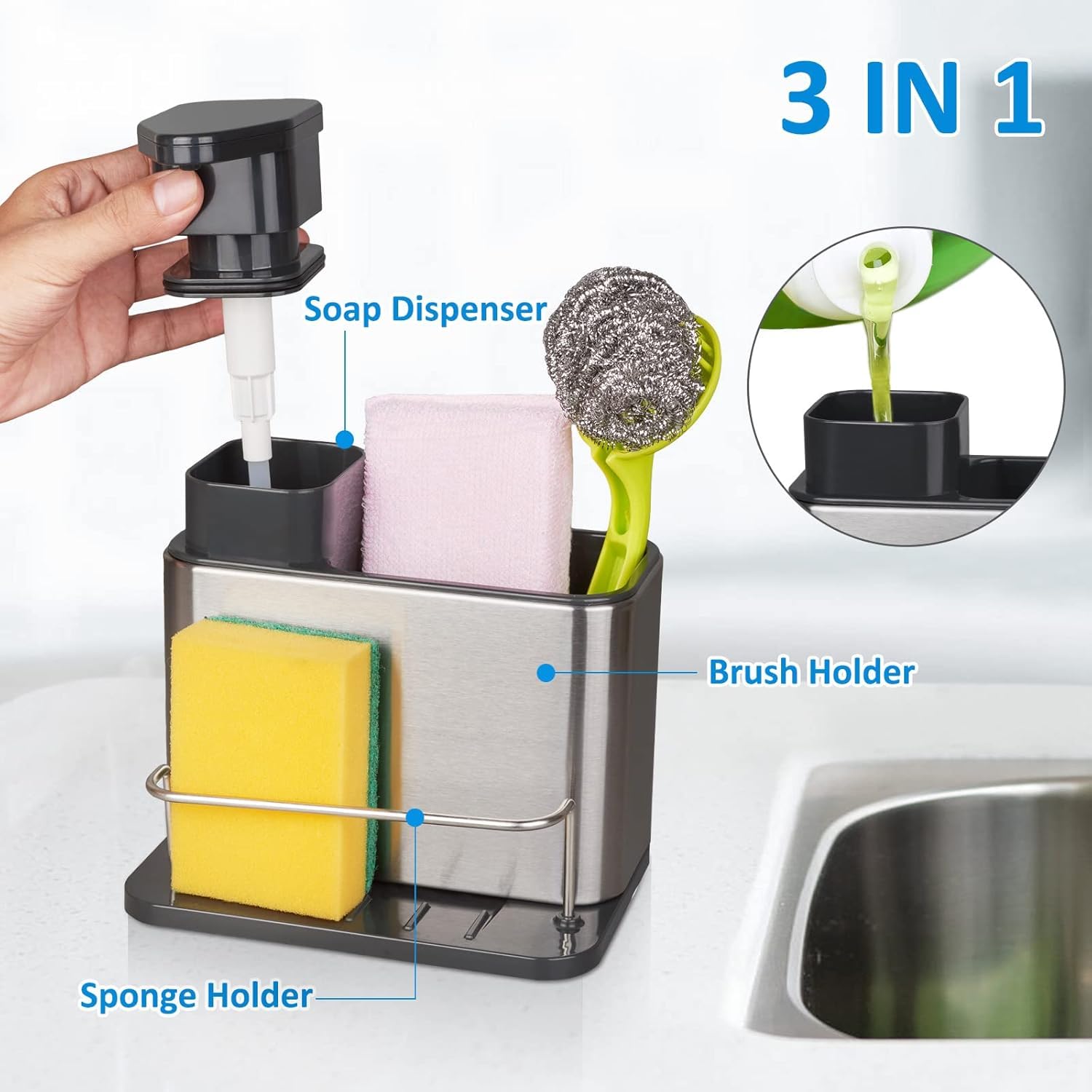 Geariva Stainless Steel 3-in-1 Sink Soap Dispenser